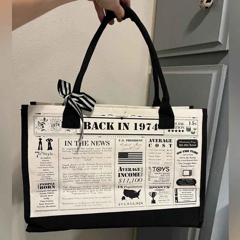 NWT “1974 Vintage, Back in 1974” Large Canvas Tote Bag Black & White Bow Detail